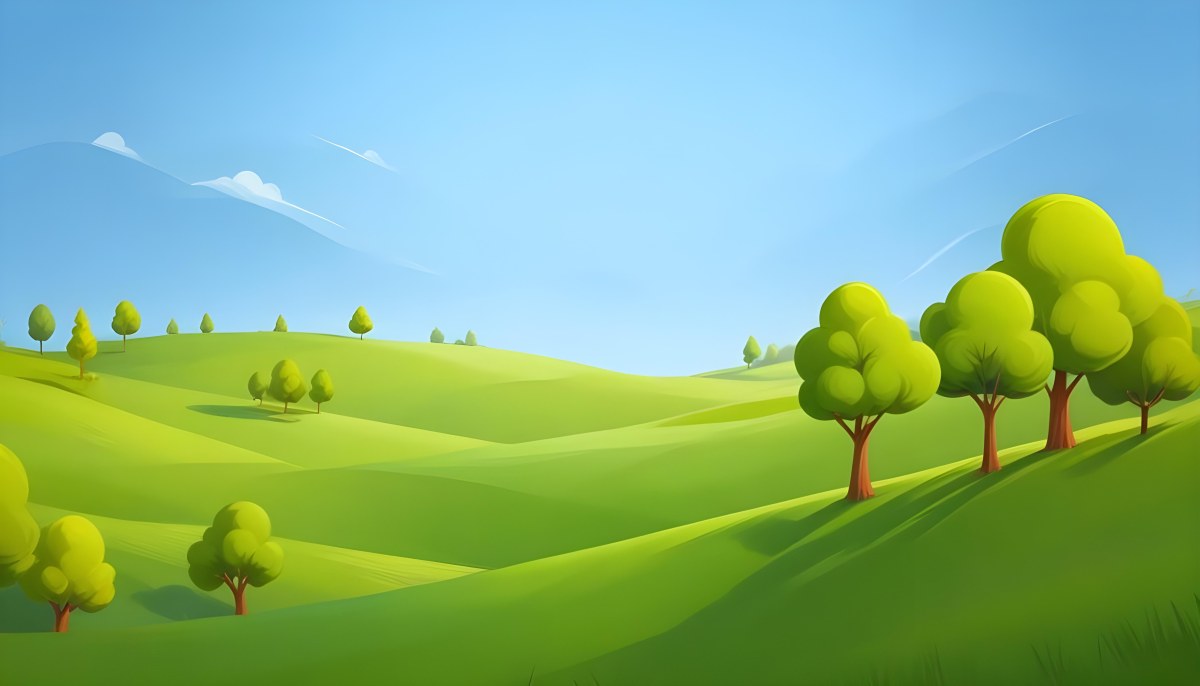 Green Hills With Cartoon Trees Under A Clear Blue Sky Creating A Peaceful And Idyllic Landscape Vibrant Colors And Smooth Gradients 9 De6e