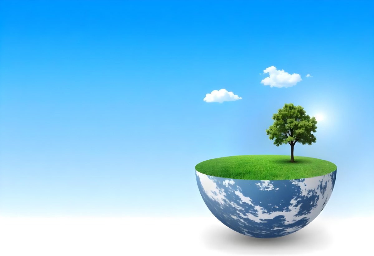 Half Earth With Green Grass And A Tree On Top Blue Sky With Some Clouds White Background 35 7cda