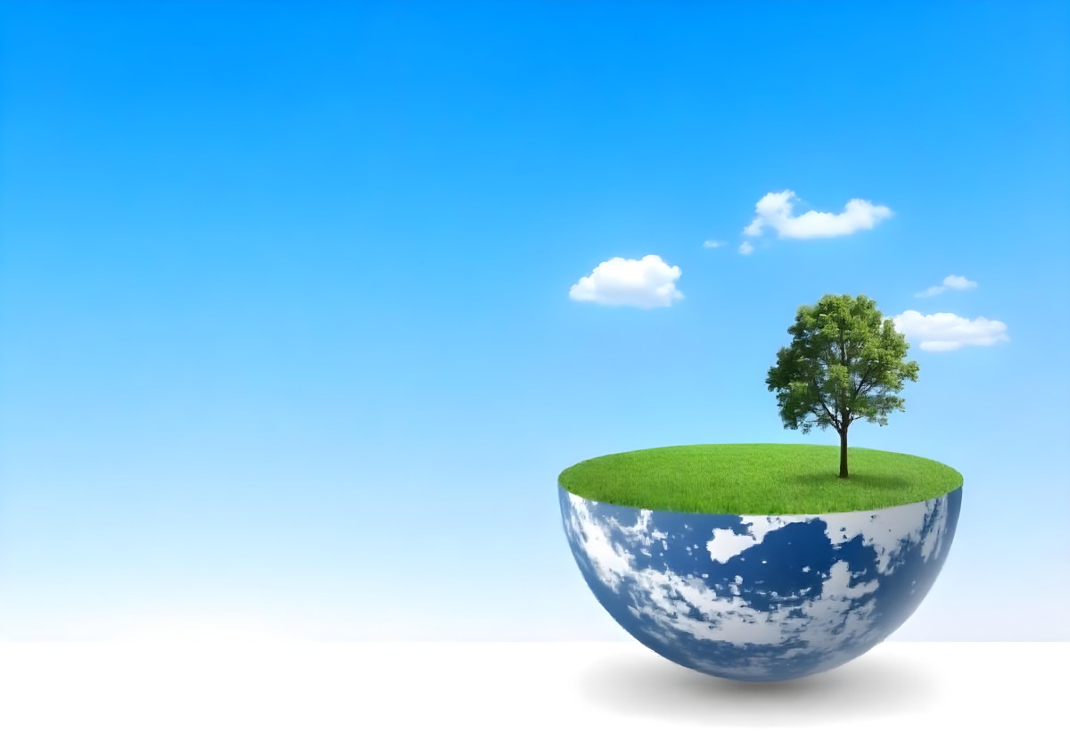 Half Earth With Green Grass And A Tree On Top Blue Sky With Some Clouds White Background 39 9c44