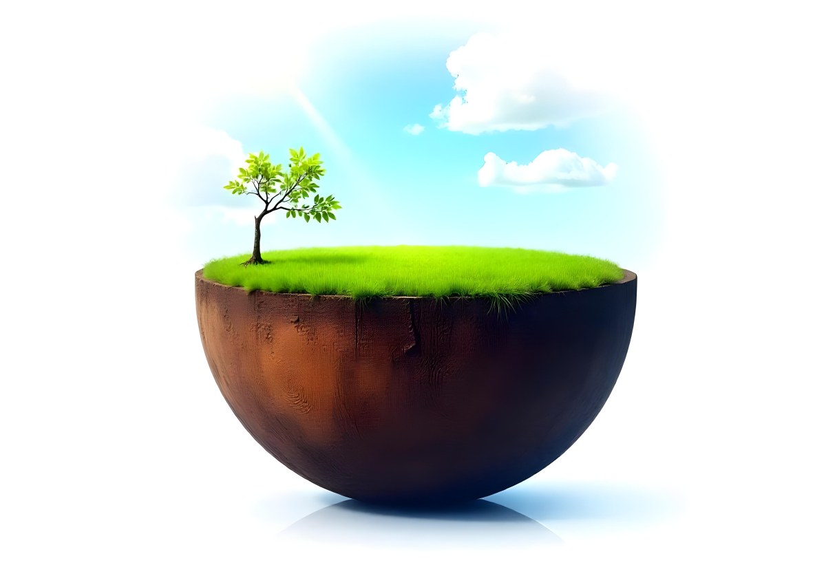 Half Earth With Green Grass And A Tree On Top Blue Sky With Some Clouds White Background 4 3f16