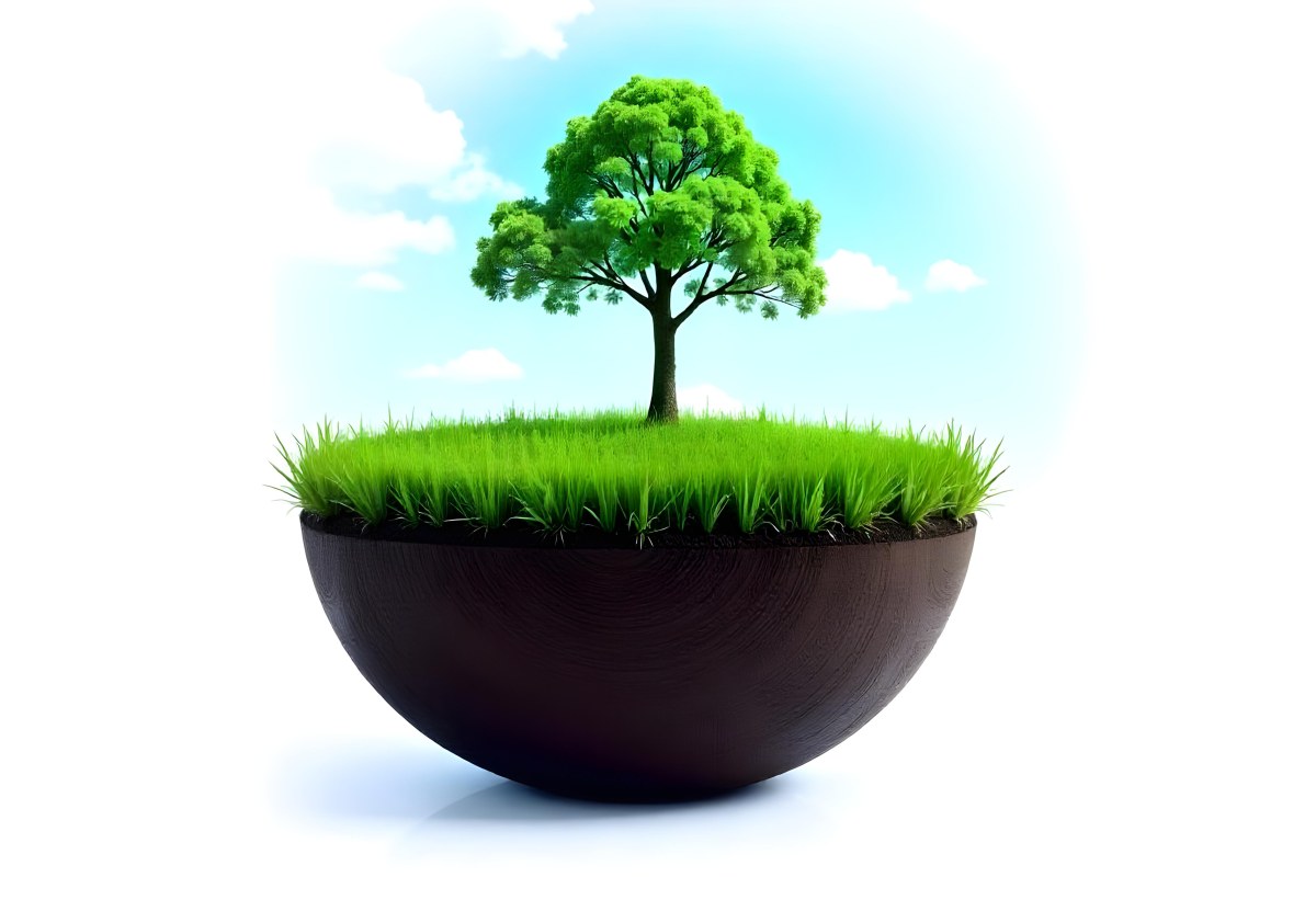 Half Earth With Green Grass And A Tree On Top Blue Sky With Some Clouds White Background 6 C9c6