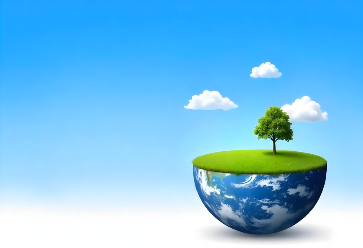 Half Earth With Green Grass And A Tree On Top Blue Sky With Some Clouds White Background 7 73a1