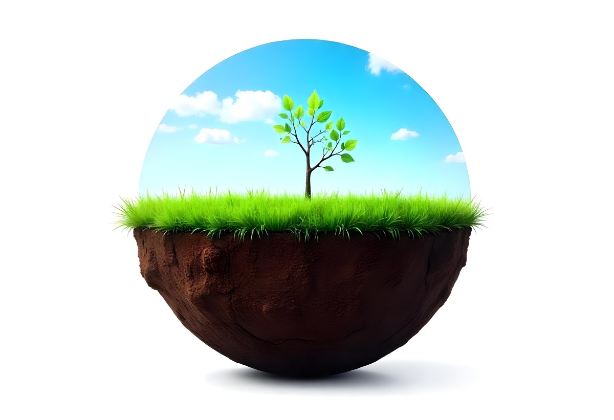 Half Earth With Green Grass And A Tree On Top Blue Sky With Some Clouds White Background 8 1d47