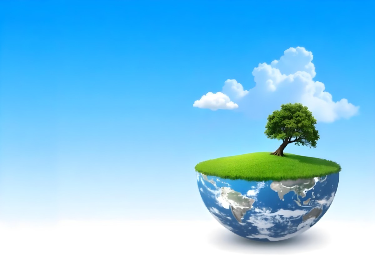 Half Earth With Green Grass And A Tree On Top Blue Sky With Some Clouds White Background 9 4281