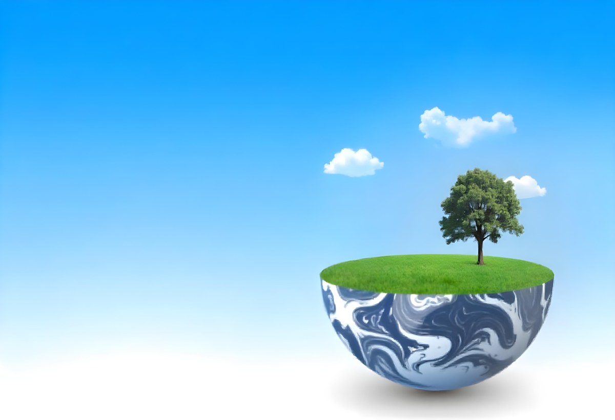 Half Earth With Green Grass And A Tree On Top Blue Sky With Some Clouds White Background 9 6264