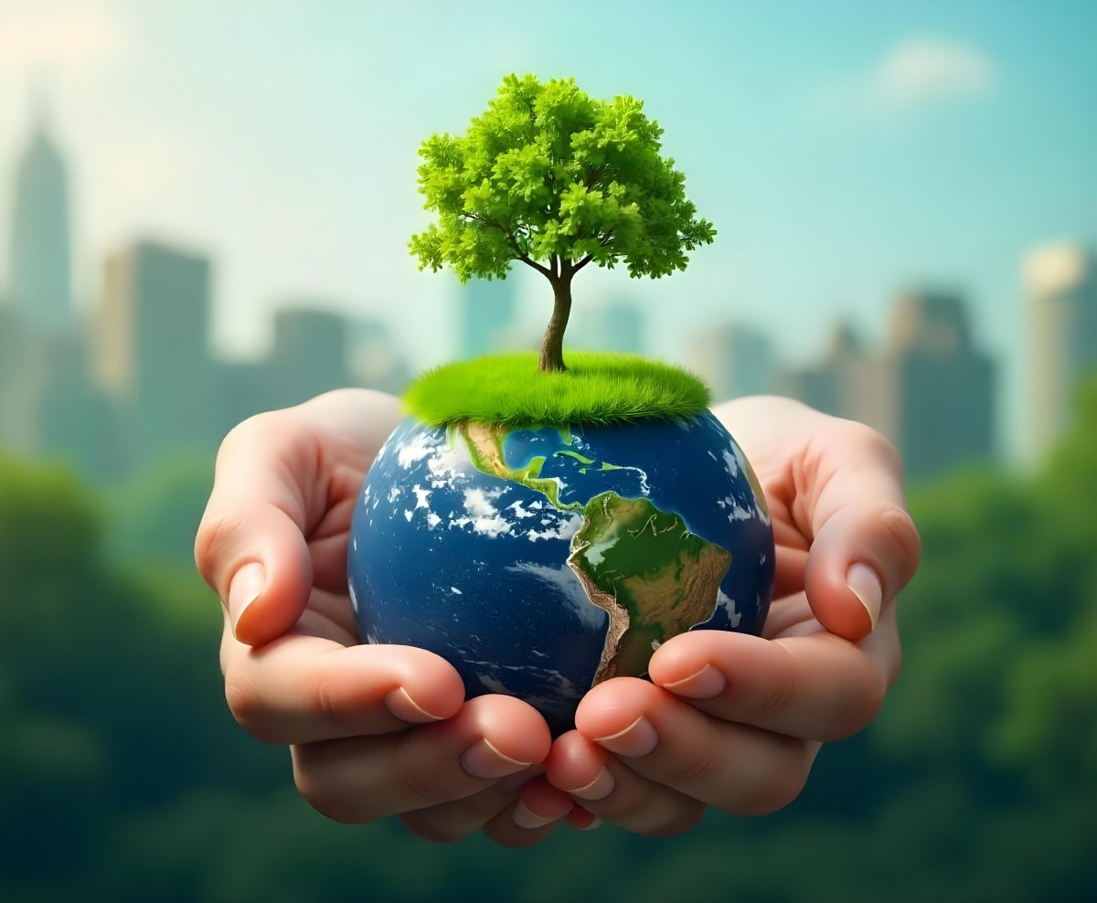 Hands Holding A Miniature Earth With A Tree Growing On Top A Patch Of Green Grass And A Cityscape In The Background 5 6580
