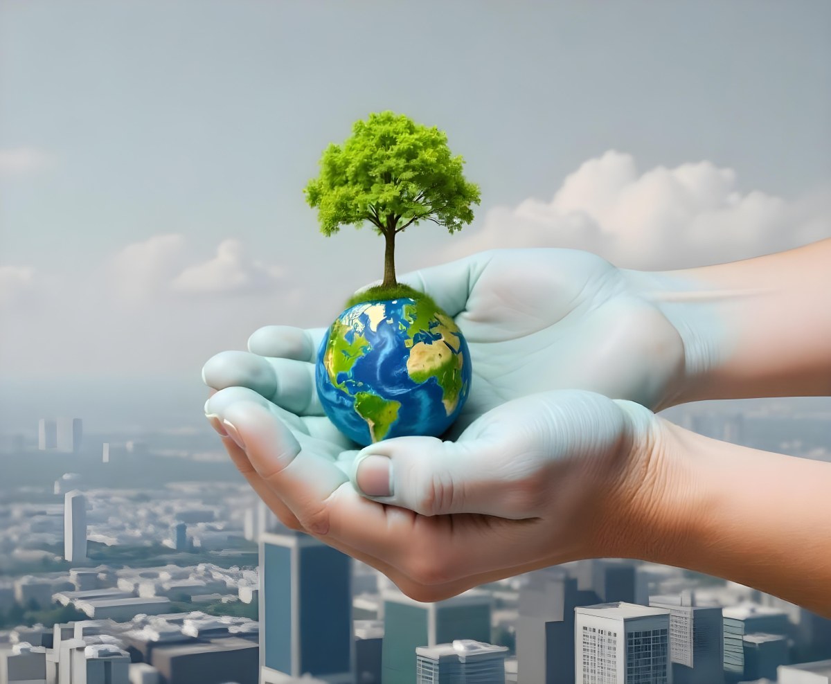 Hands Holding A Miniature Earth With A Tree Growing On Top A Patch Of Green Grass And A Cityscape In The Background 6 6cce