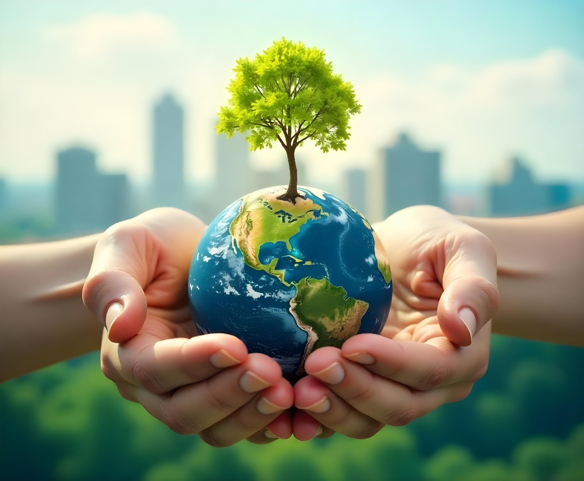 Hands Holding A Miniature Earth With A Tree Growing On Top A Patch Of Green Grass And A Cityscape In The Background 9 C53c