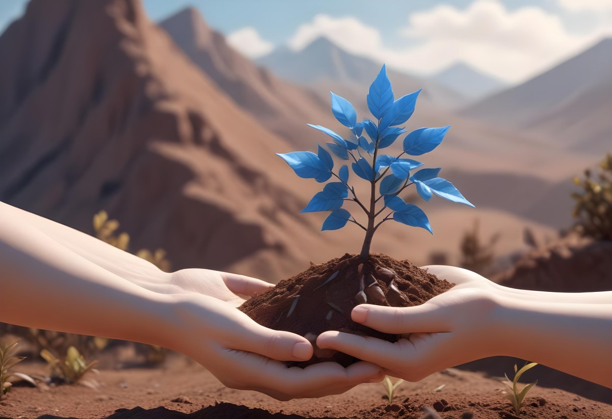 Light Skinned Hands Holding A Small Tree With Blue Leaves And Brown Soil Soft Focus Background With Mountains And Blue Sky 8 82f1