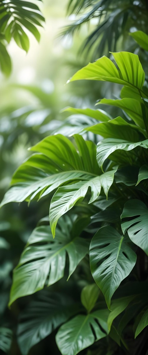 Lush Green Tropical Leaves With A Blurred Background Creating A Serene And Natural Atmosphere 31 Eb7c