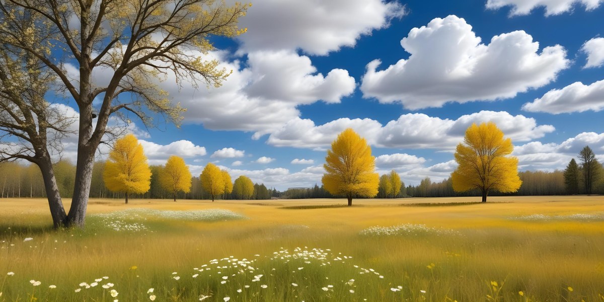 Meadow With White Flowers Yellow Grass Blue Sky With White Clouds And Yellow Trees In The Background 1 57f7