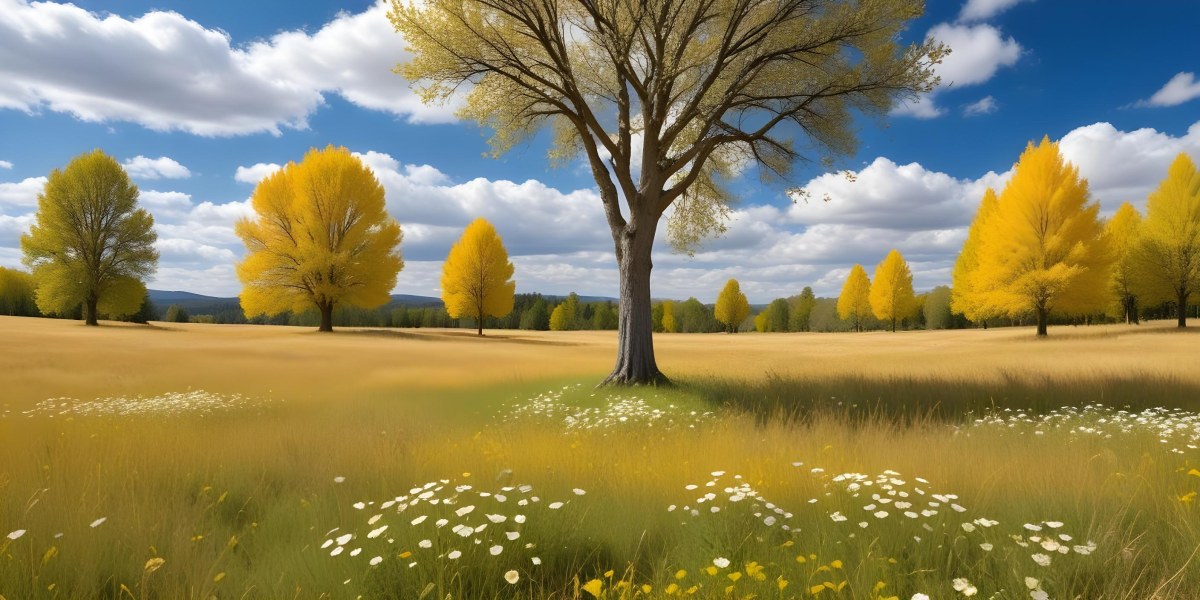Meadow With White Flowers Yellow Grass Blue Sky With White Clouds And Yellow Trees In The Background 12 A677