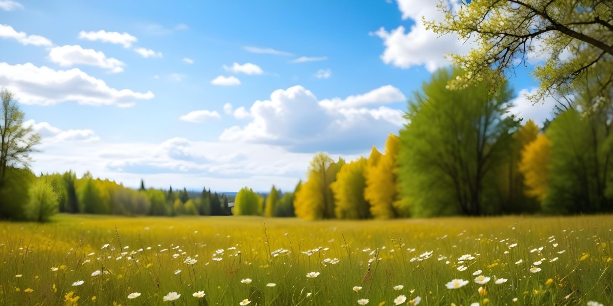 Meadow With White Flowers Yellow Grass Blue Sky With White Clouds And Yellow Trees In The Background 14 C861
