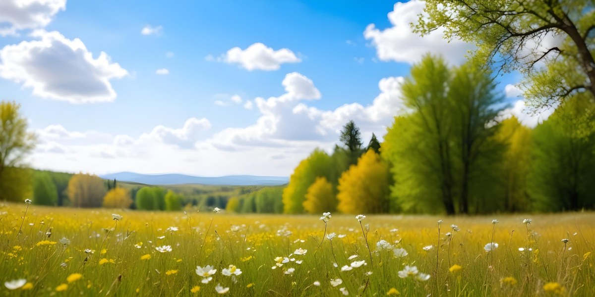 Meadow With White Flowers Yellow Grass Blue Sky With White Clouds And Yellow Trees In The Background 26 D03d