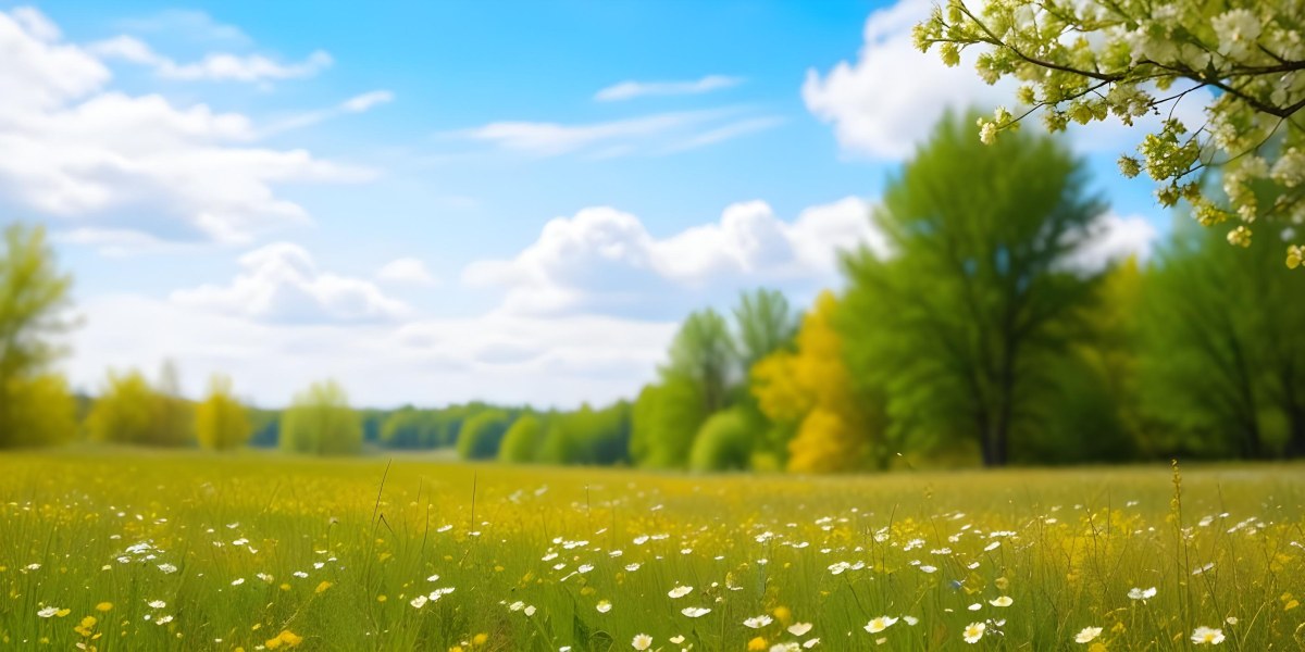 Meadow With White Flowers Yellow Grass Blue Sky With White Clouds And Yellow Trees In The Background 33 695d