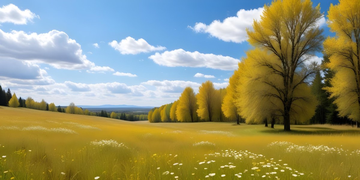 Meadow With White Flowers Yellow Grass Blue Sky With White Clouds And Yellow Trees In The Background 39 Da27