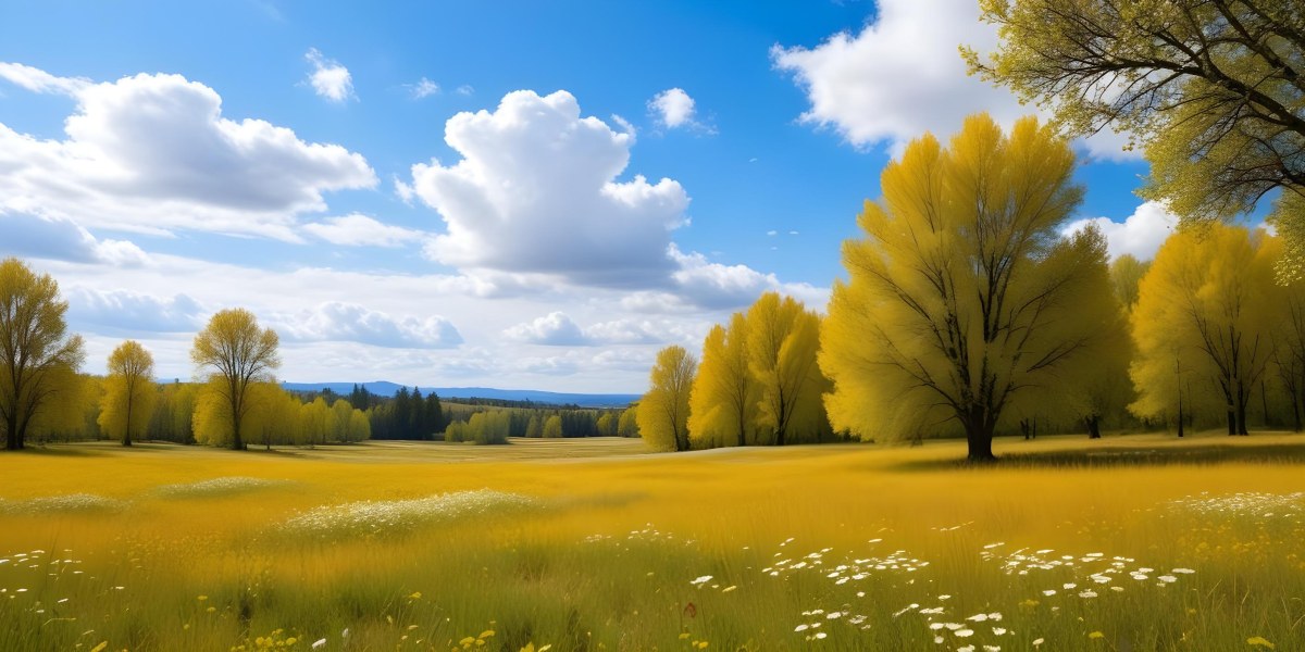 Meadow With White Flowers Yellow Grass Blue Sky With White Clouds And Yellow Trees In The Background 41 E5f1