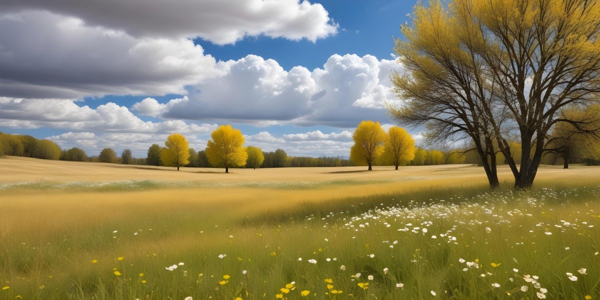 Meadow With White Flowers Yellow Grass Blue Sky With White Clouds And Yellow Trees In The Background 45 D881