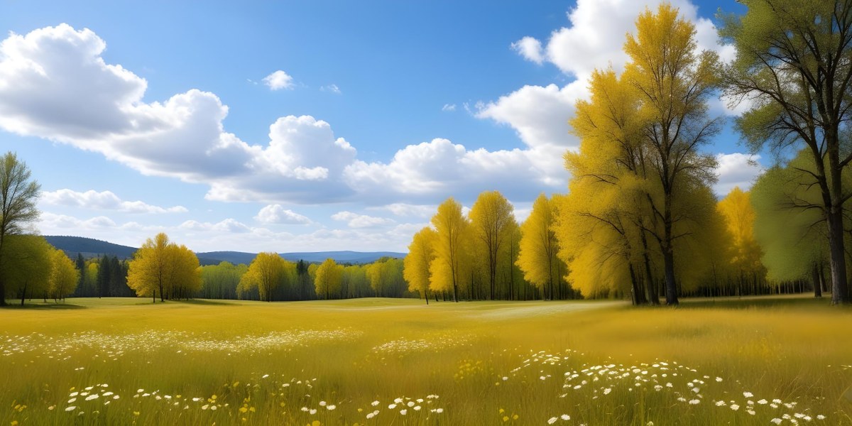 Meadow With White Flowers Yellow Grass Blue Sky With White Clouds And Yellow Trees In The Background 6 479d