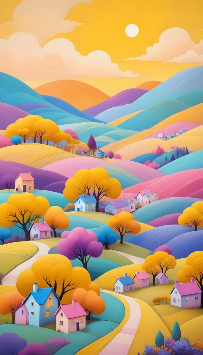 Minimal Soft Studio Light Photography A Colorful Landscape With Rolling Hills Houses And Trees In A Whimsical Stylized Style The Scene Features A Vibrant Palette Of Yellow Pink Purple And Blue Hues Creating A E8d1