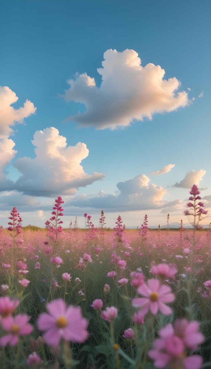 Minimal Soft Studio Light Photography A Field Of Pink Wildflowers With A Blue Sky And Fluffy White Clouds In The Background Surrounded By Yellow Wildflowers During Sunrise With Clear Weather In The Distance High Detail 12 7a02