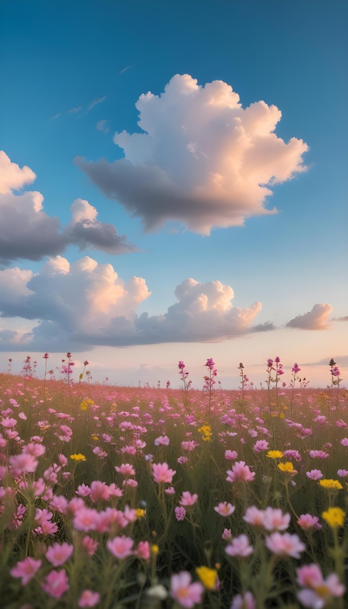 Minimal Soft Studio Light Photography A Field Of Pink Wildflowers With A Blue Sky And Fluffy White Clouds In The Background Surrounded By Yellow Wildflowers During Sunrise With Clear Weather In The Distance High Detail 13 6d0f