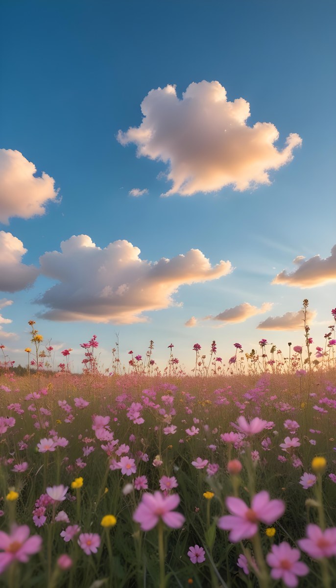 Minimal Soft Studio Light Photography A Field Of Pink Wildflowers With A Blue Sky And Fluffy White Clouds In The Background Surrounded By Yellow Wildflowers During Sunrise With Clear Weather In The Distance High Detail 14 14d7