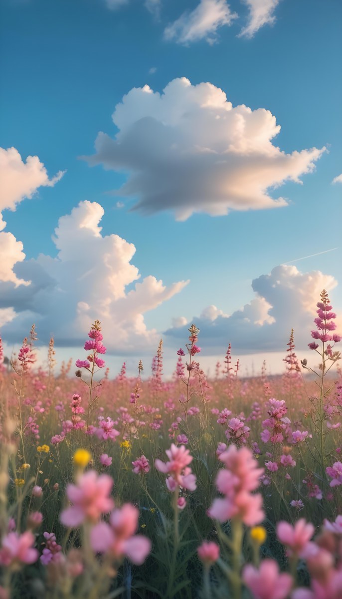Minimal Soft Studio Light Photography A Field Of Pink Wildflowers With A Blue Sky And Fluffy White Clouds In The Background Surrounded By Yellow Wildflowers During Sunrise With Clear Weather In The Distance High Detail 18 D39e