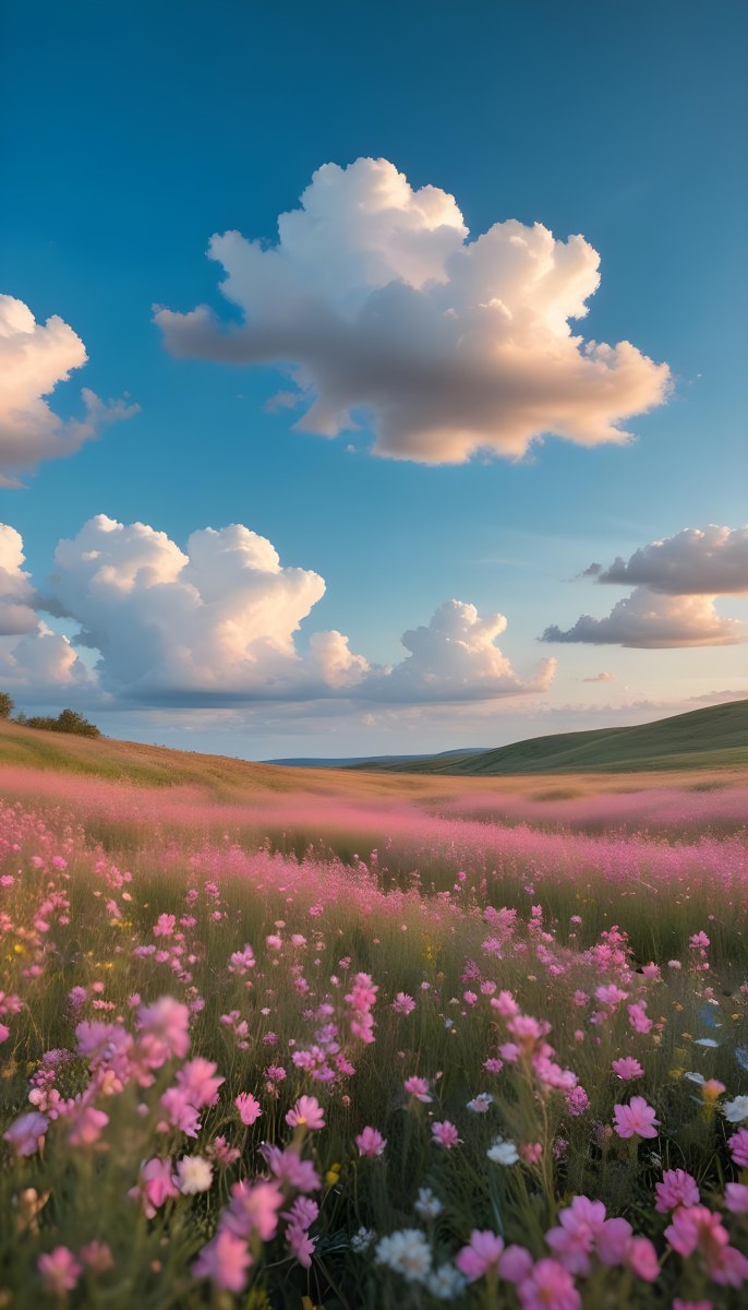 Minimal Soft Studio Light Photography A Field Of Pink Wildflowers With A Blue Sky And Fluffy White Clouds In The Background Surrounded By Yellow Wildflowers During Sunrise With Clear Weather In The Distance High Detail 19 De90