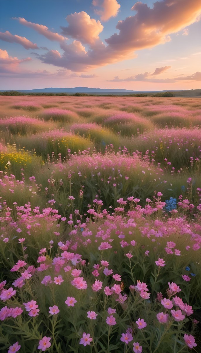 Minimal Soft Studio Light Photography A Field Of Pink Wildflowers With A Blue Sky And Fluffy White Clouds In The Background Surrounded By Yellow Wildflowers During Sunrise With Clear Weather In The Distance High Detail 20 61f6