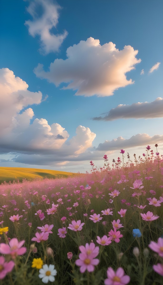 Minimal Soft Studio Light Photography A Field Of Pink Wildflowers With A Blue Sky And Fluffy White Clouds In The Background Surrounded By Yellow Wildflowers During Sunrise With Clear Weather In The Distance High Detail 21 Dda7