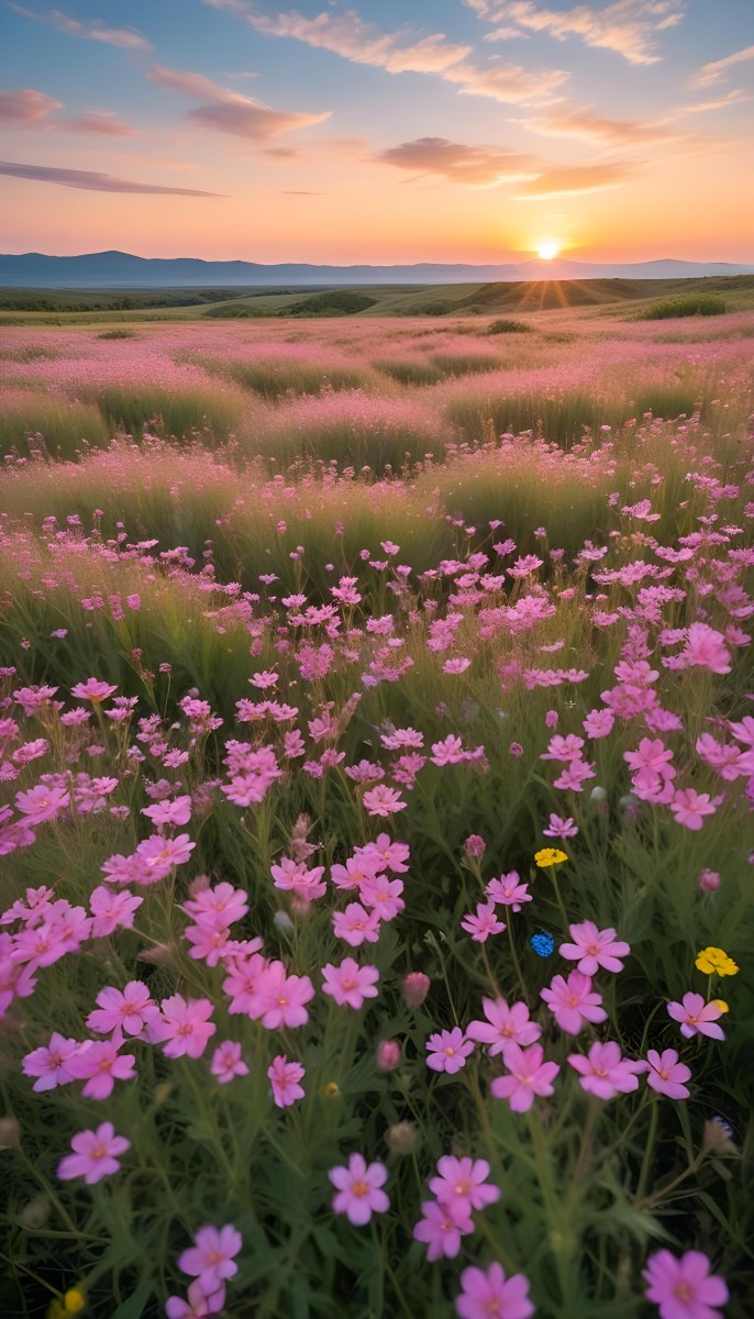 Minimal Soft Studio Light Photography A Field Of Pink Wildflowers With A Blue Sky And Fluffy White Clouds In The Background Surrounded By Yellow Wildflowers During Sunrise With Clear Weather In The Distance High Detail 22 F7c0