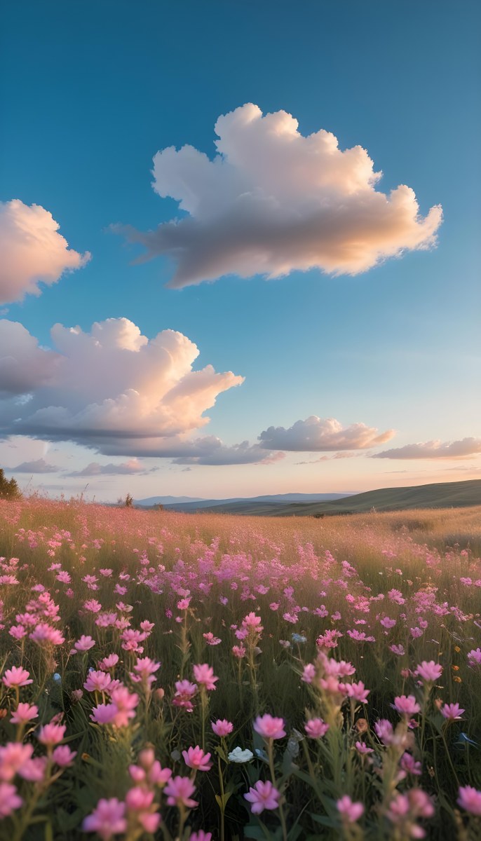 Minimal Soft Studio Light Photography A Field Of Pink Wildflowers With A Blue Sky And Fluffy White Clouds In The Background Surrounded By Yellow Wildflowers During Sunrise With Clear Weather In The Distance High Detail 23 E6a3
