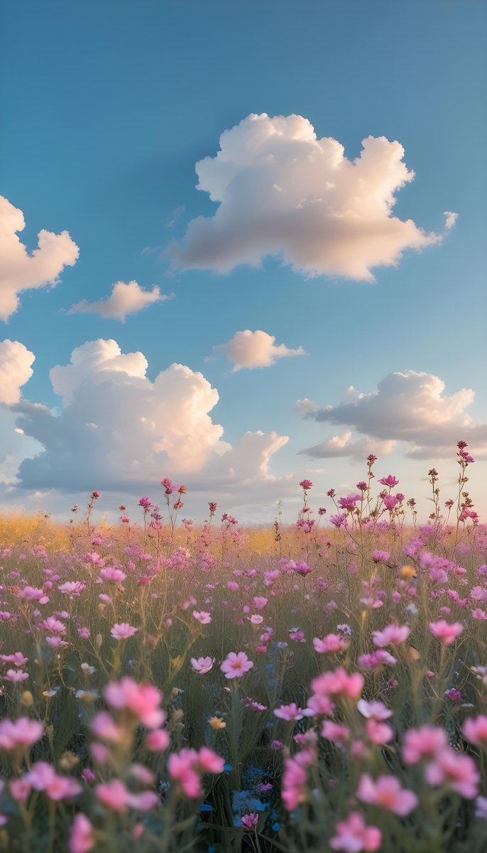 Minimal Soft Studio Light Photography A Field Of Pink Wildflowers With A Blue Sky And Fluffy White Clouds In The Background Surrounded By Yellow Wildflowers During Sunrise With Clear Weather In The Distance High Detail 4 E83e