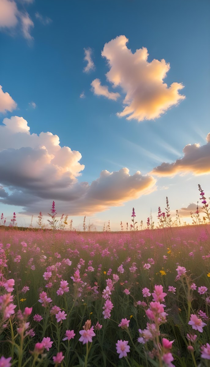 Minimal Soft Studio Light Photography A Field Of Pink Wildflowers With A Blue Sky And Fluffy White Clouds In The Background Surrounded By Yellow Wildflowers During Sunrise With Clear Weather In The Distance High Detail 5 Fd86