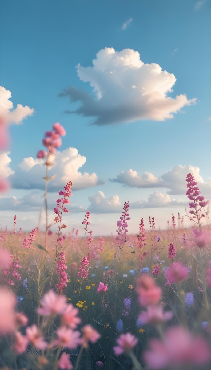 Minimal Soft Studio Light Photography A Field Of Pink Wildflowers With A Blue Sky And Fluffy White Clouds In The Background Surrounded By Yellow Wildflowers During Sunrise With Clear Weather In The Distance High Detail 6 80f6