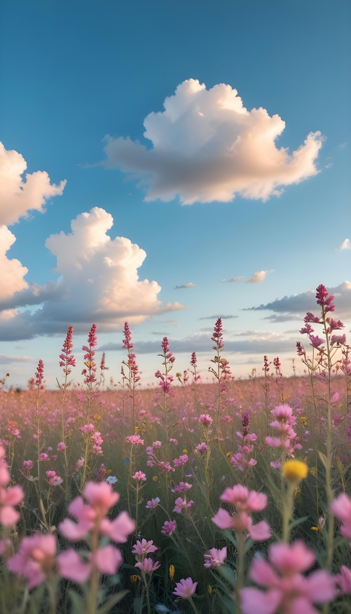 Minimal Soft Studio Light Photography A Field Of Pink Wildflowers With A Blue Sky And Fluffy White Clouds In The Background Surrounded By Yellow Wildflowers During Sunrise With Clear Weather In The Distance High Detail 7 20c6