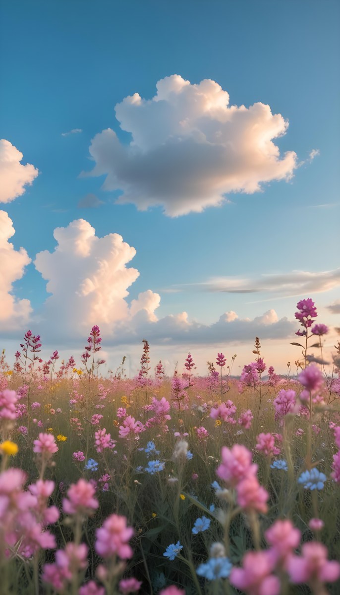 Minimal Soft Studio Light Photography A Field Of Pink Wildflowers With A Blue Sky And Fluffy White Clouds In The Background Surrounded By Yellow Wildflowers During Sunrise With Clear Weather In The Distance High Detail 8 E523
