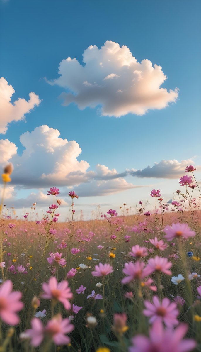 Minimal Soft Studio Light Photography A Field Of Pink Wildflowers With A Blue Sky And Fluffy White Clouds In The Background Surrounded By Yellow Wildflowers During Sunrise With Clear Weather In The Distance High Detail 9 79a1