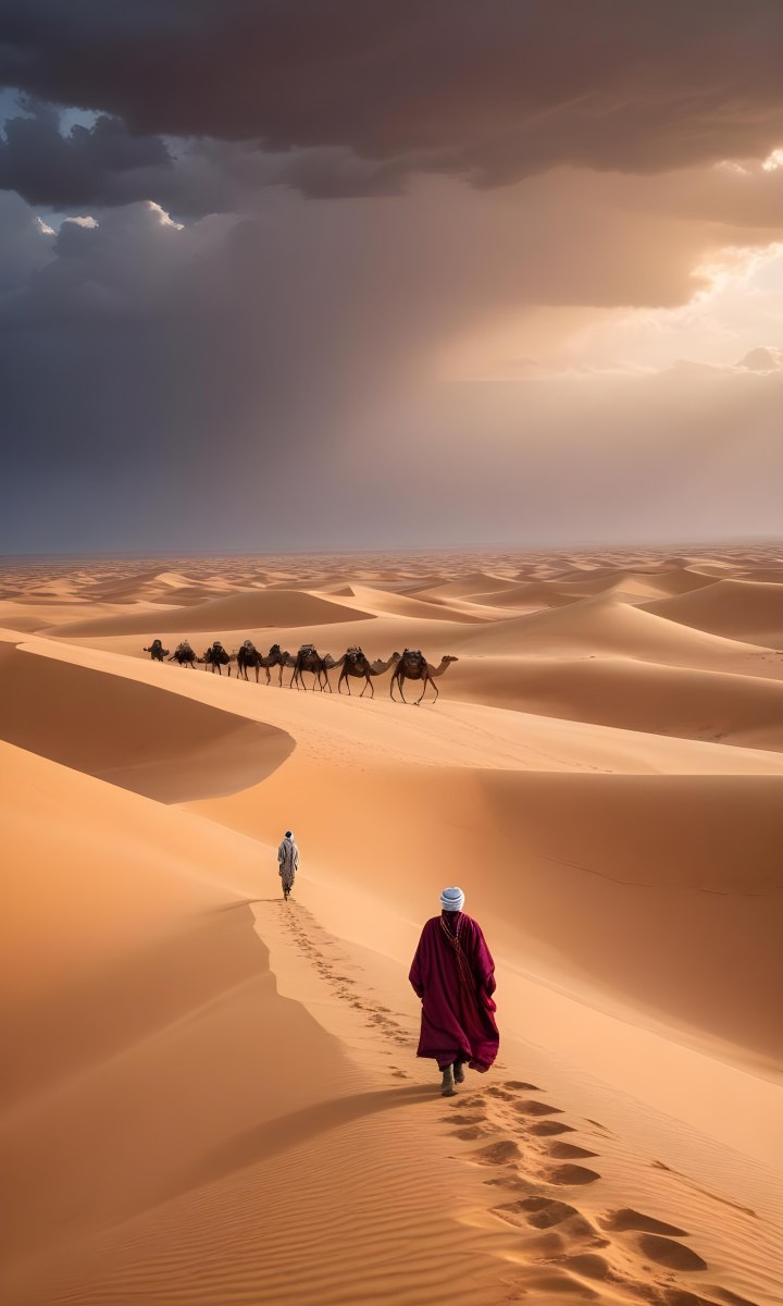 Minimal Soft Studio Light Photography A Man In Traditional Berber Clothing Walking Alone On A Desert Sand Dune With A Caravan Of Camels In The Distance And A Dramatic Cloudy Sky Above High Detail Solid Bold Color Bac 5 3af2