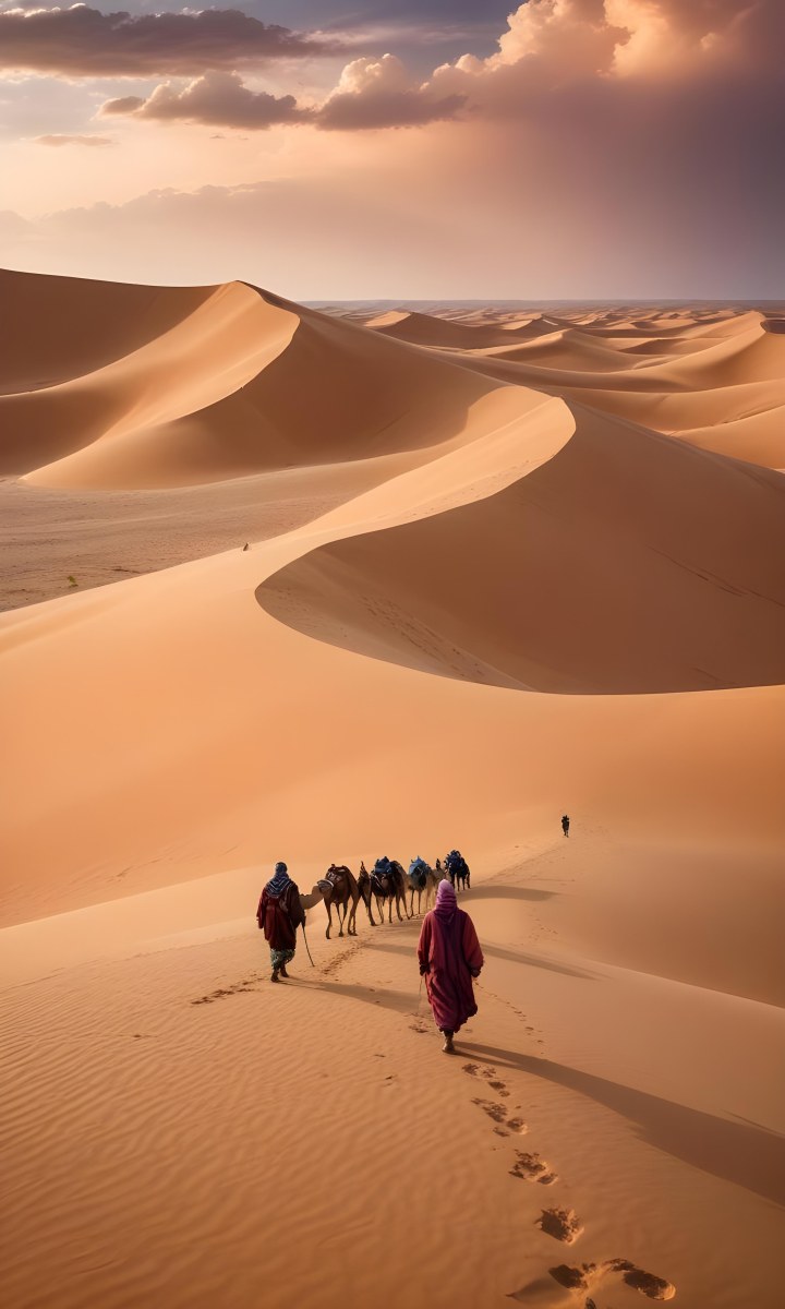Minimal Soft Studio Light Photography A Man In Traditional Berber Clothing Walking Alone On A Desert Sand Dune With A Caravan Of Camels In The Distance And A Dramatic Cloudy Sky Above High Detail Solid Bold Color Bac 6 D37b