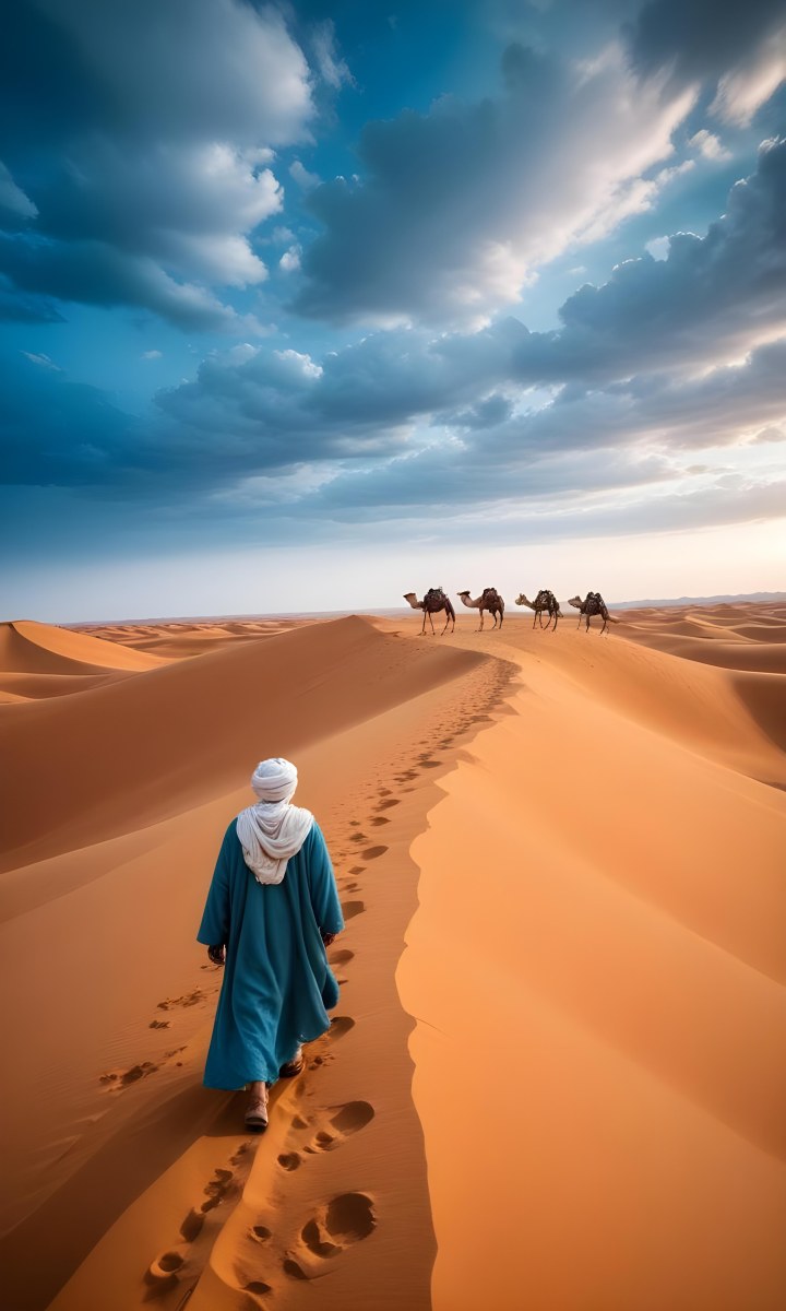 Minimal Soft Studio Light Photography A Man In Traditional Berber Clothing Walking Alone On A Desert Sand Dune With A Caravan Of Camels In The Distance And A Dramatic Cloudy Sky Above High Detail Solid Bold Color Bac 7 7f32