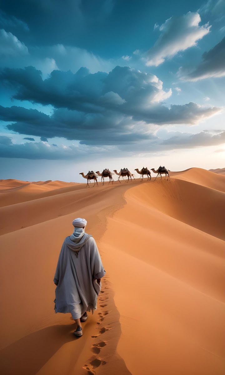 Minimal Soft Studio Light Photography A Man In Traditional Berber Clothing Walking Alone On A Desert Sand Dune With A Caravan Of Camels In The Distance And A Dramatic Cloudy Sky Above High Detail Solid Bold Color Bac 8 9ee4