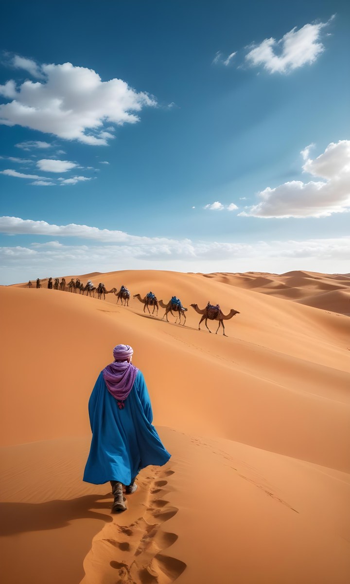 Minimal Soft Studio Light Photography A Man In Traditional Berber Clothing Walking Alone On A Desert Sand Dune With A Caravan Of Camels In The Distance And A Dramatic Cloudy Sky Above High Detail Solid Bold Color Bac 9 B671