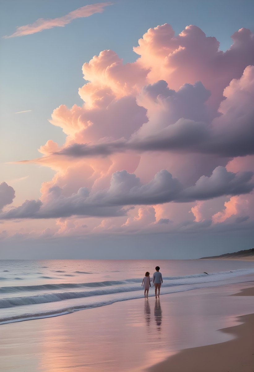 Minimal Soft Studio Light Photography A Serene Beach Scene At Sunset With A Calm Ocean And Distant Silhouettes Of People Walking Along The Shore The Sky Is Filled With Soft Pastel Colored Clouds Creating A Peaceful A 5 4d6a