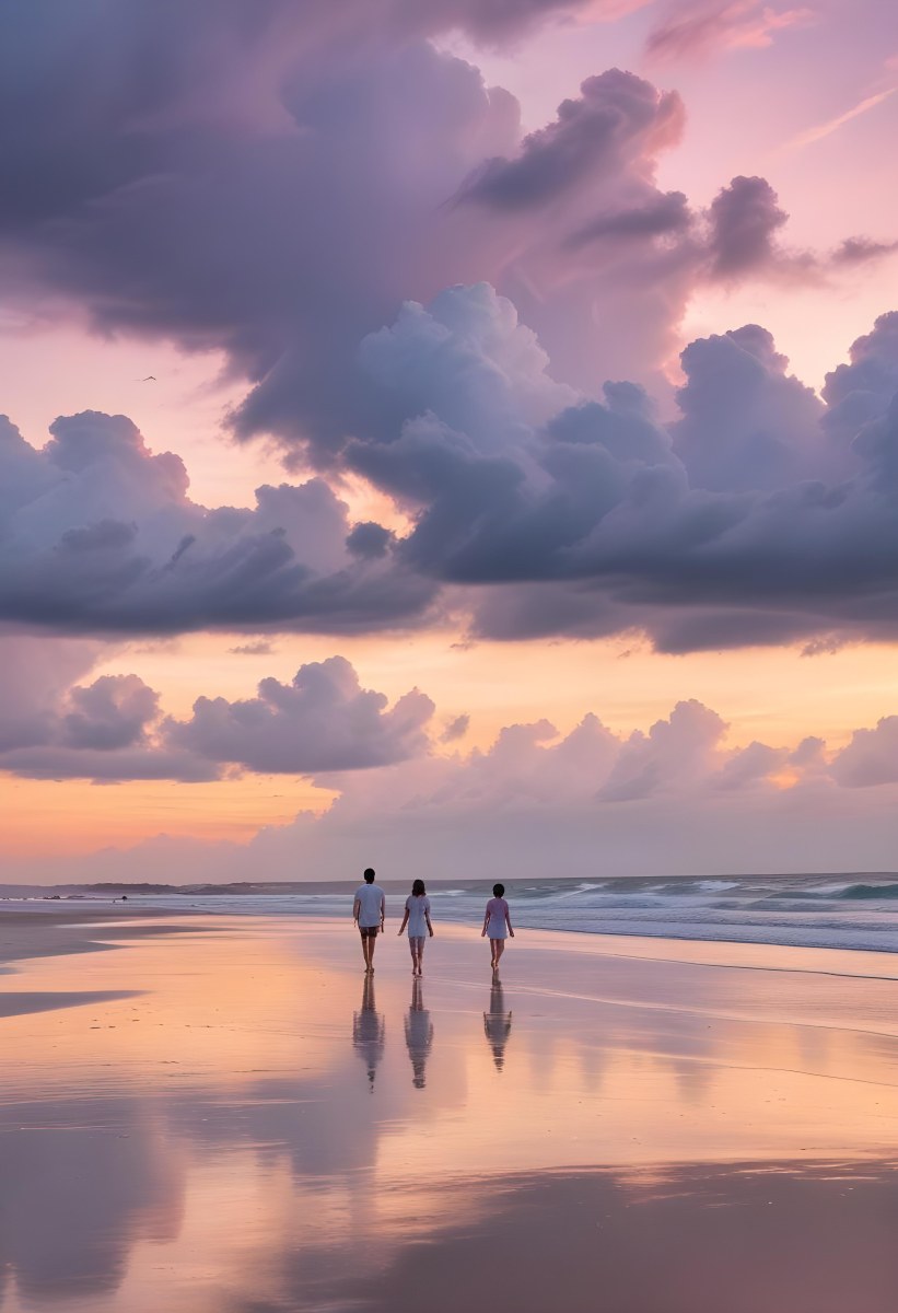Minimal Soft Studio Light Photography A Serene Beach Scene At Sunset With A Calm Ocean And Distant Silhouettes Of People Walking Along The Shore The Sky Is Filled With Soft Pastel Colored Clouds Creating A Peaceful A 6 5aa6