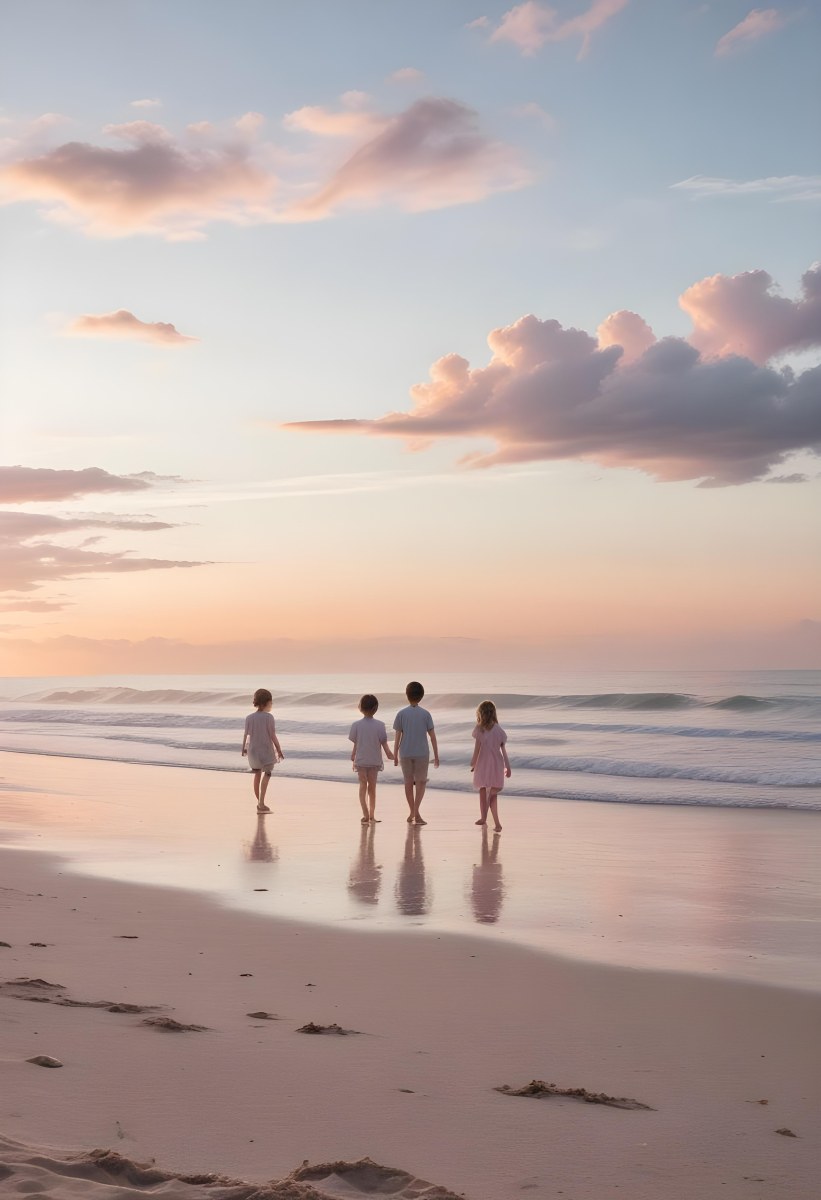 Minimal Soft Studio Light Photography A Serene Beach Scene At Sunset With A Calm Ocean And Distant Silhouettes Of People Walking Along The Shore The Sky Is Filled With Soft Pastel Colored Clouds Creating A Peaceful A 7 Faf4