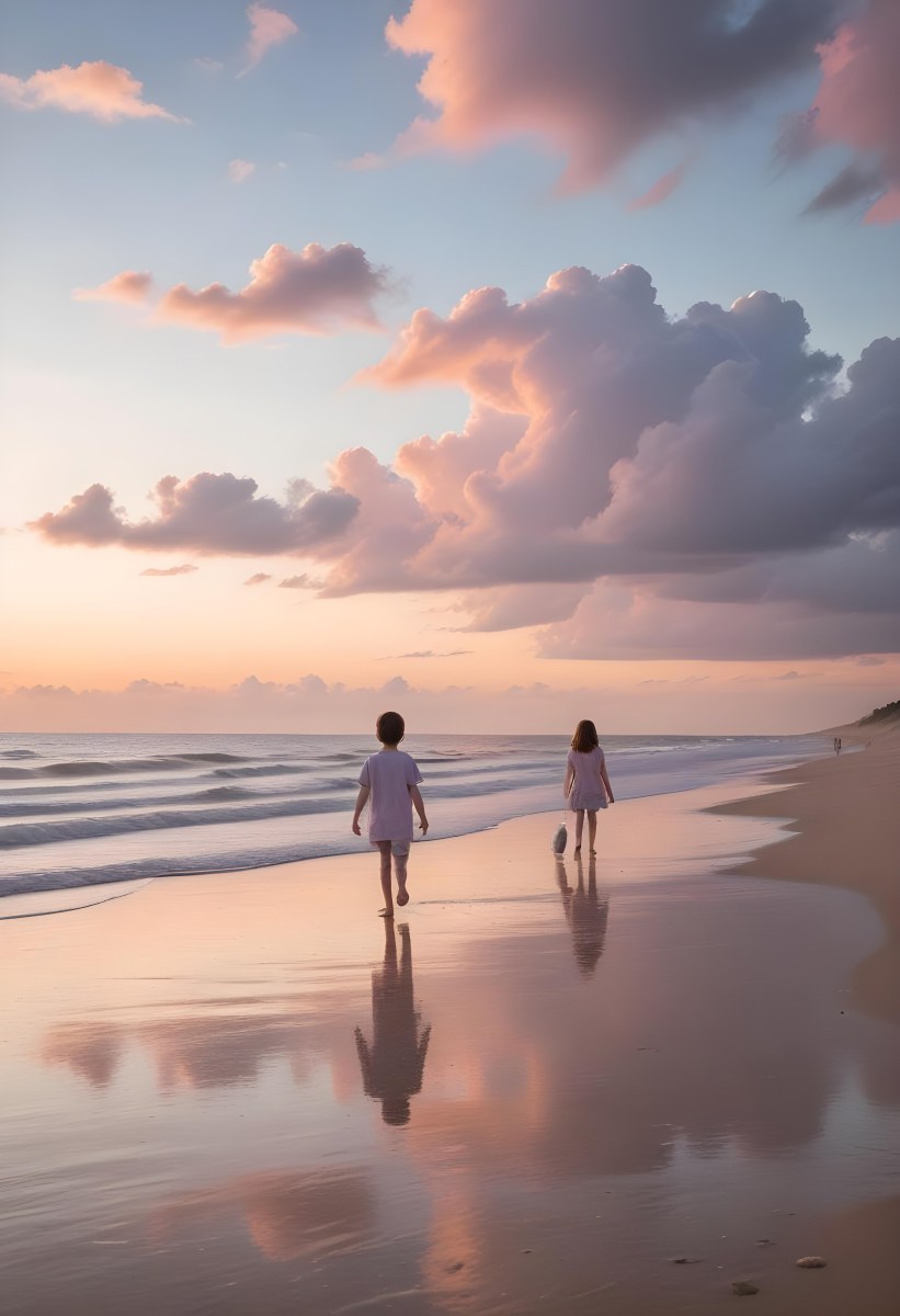 Minimal Soft Studio Light Photography A Serene Beach Scene At Sunset With A Calm Ocean And Distant Silhouettes Of People Walking Along The Shore The Sky Is Filled With Soft Pastel Colored Clouds Creating A Peaceful A 8 1a61