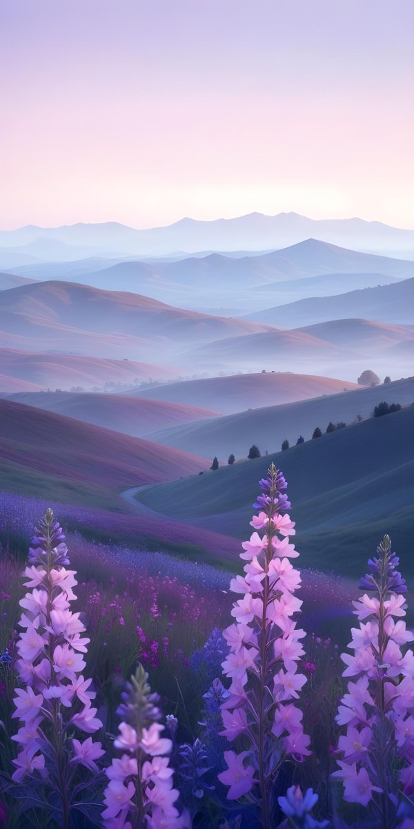 Minimal Soft Studio Light Photography A Serene Landscape With Rolling Hills And Mountains In The Background Covered In A Hazy Mist In The Foreground There Are Vibrant Purple And Pink Wildflowers Blooming Creating A 11 Bd74