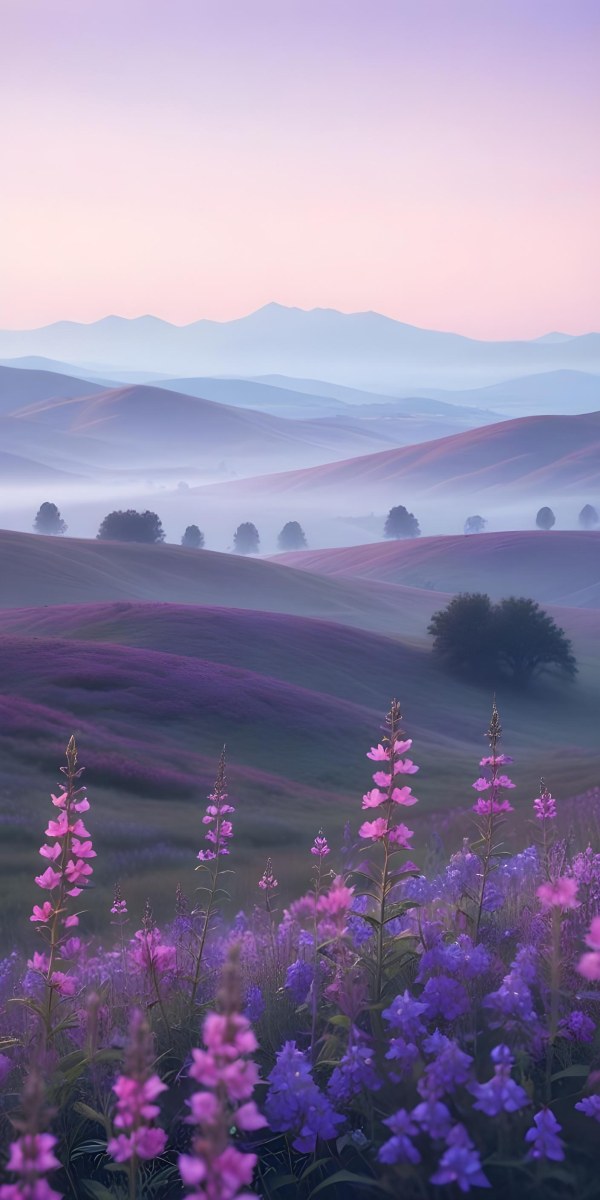 Minimal Soft Studio Light Photography A Serene Landscape With Rolling Hills And Mountains In The Background Covered In A Hazy Mist In The Foreground There Are Vibrant Purple And Pink Wildflowers Blooming Creating A 12 1788